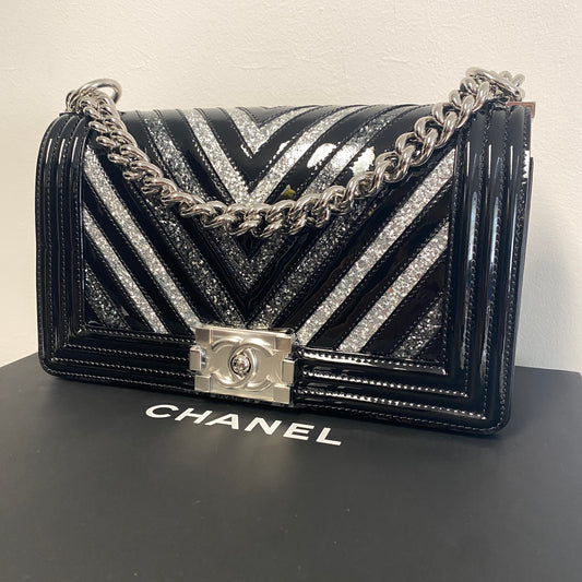 Chanel black patent leather glitter chevron boy bag