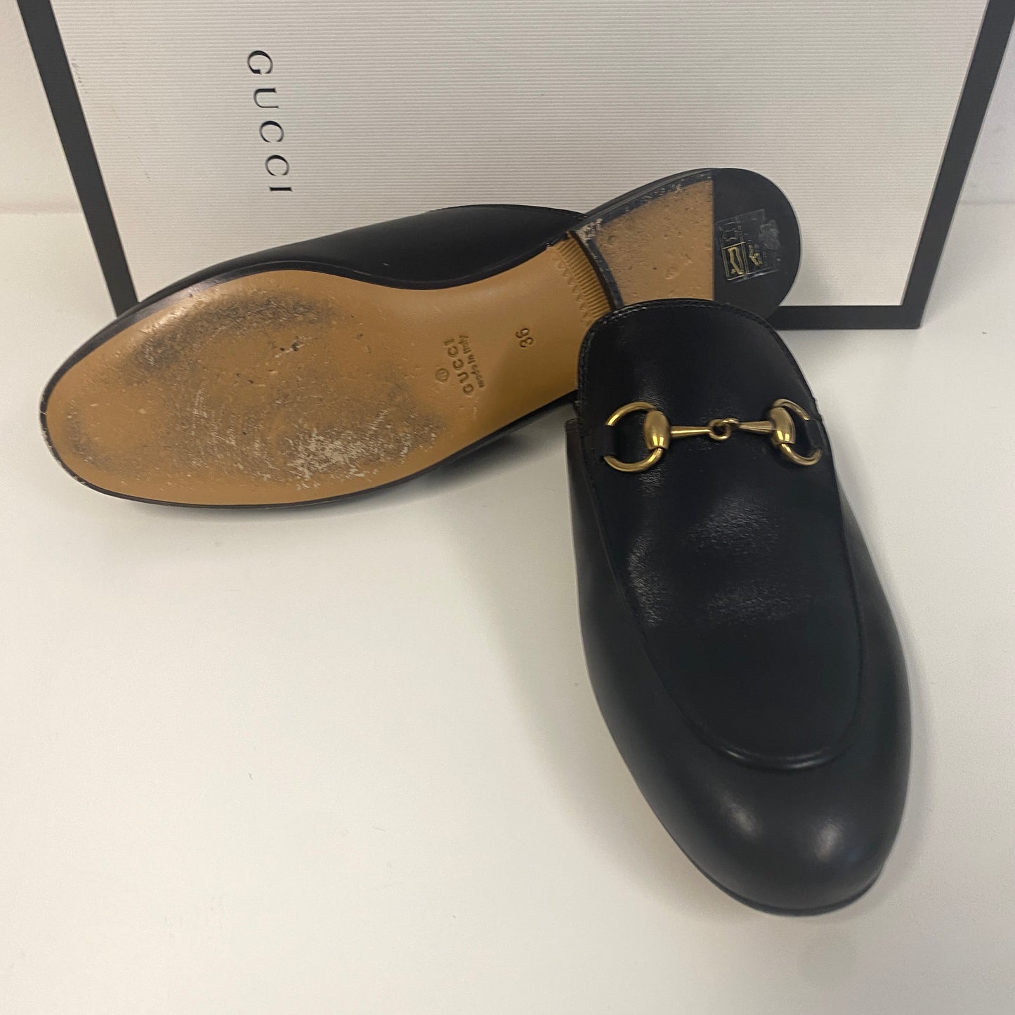 Gucci black leather princetown slippers slides size 36 3 U.K.