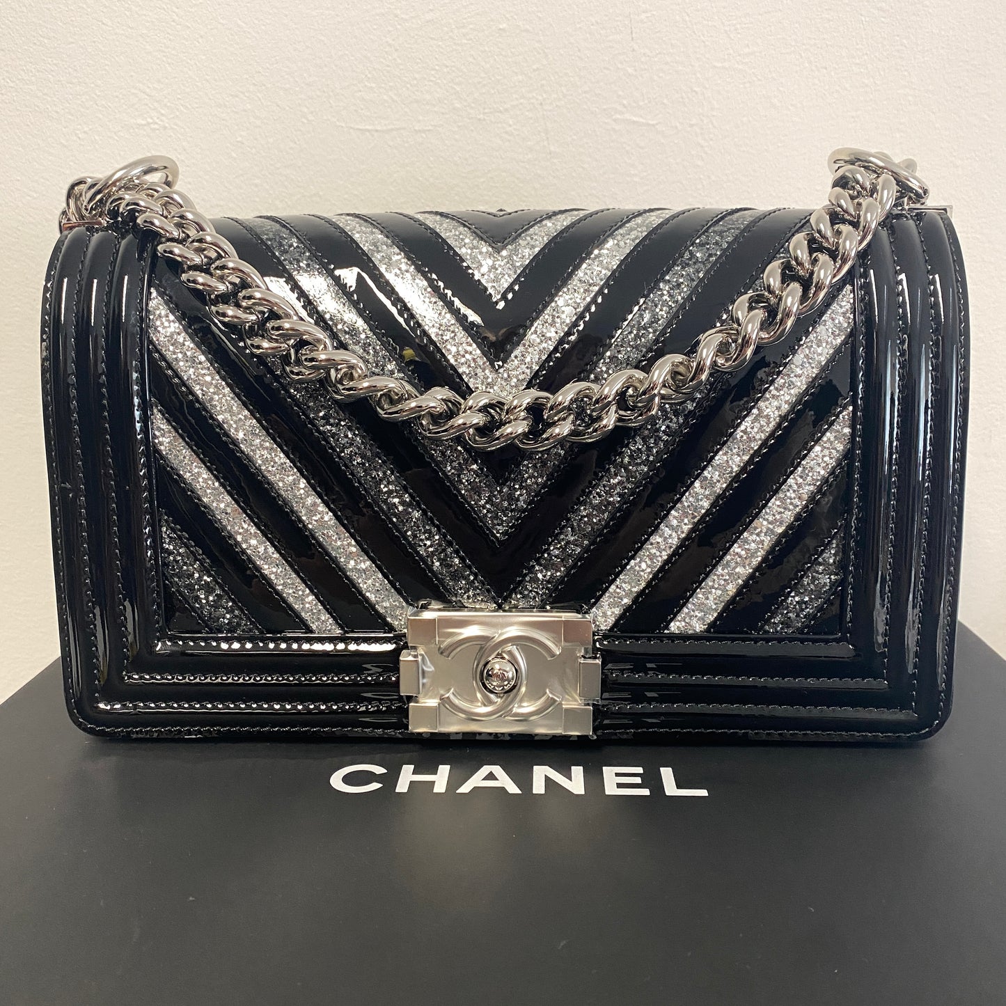 Chanel black patent leather glitter chevron boy bag