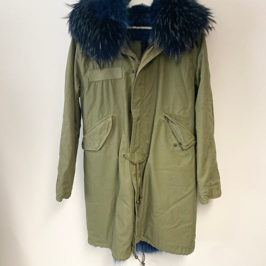 Mr&Mrs Italy fur lined parka coat Green khaki with Coyote fur interior. size XS
