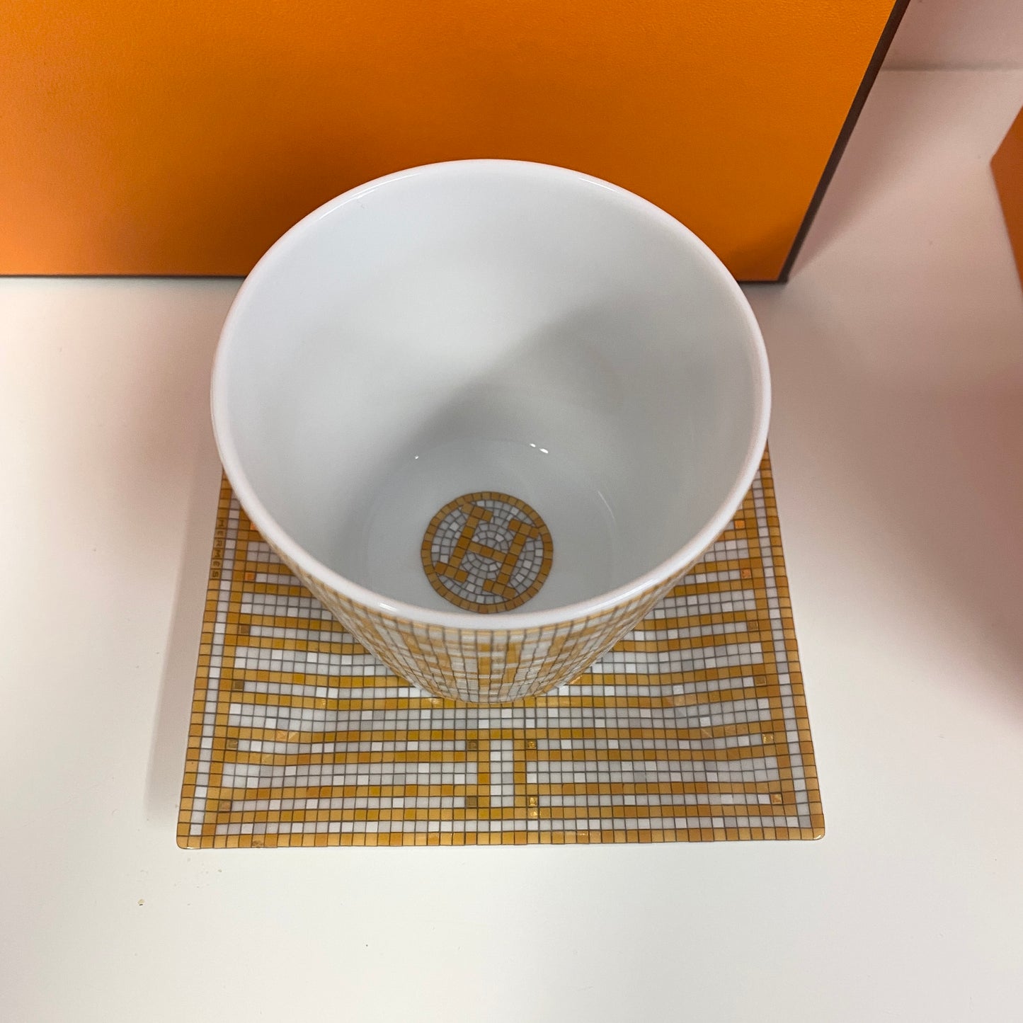 Hermes au 24 mosaic candle holder and plate. Boxed