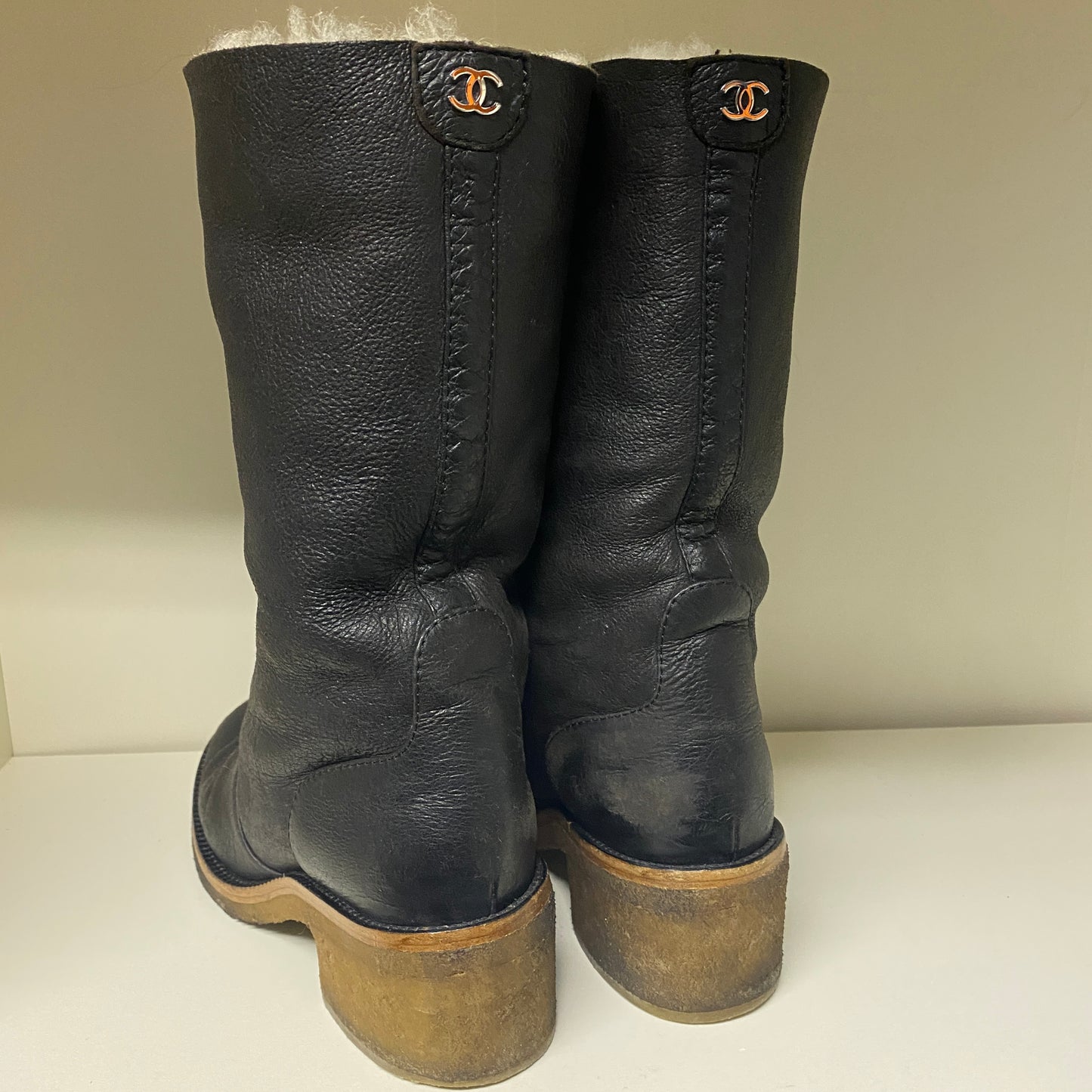 Chanel black leather CC boots size 36