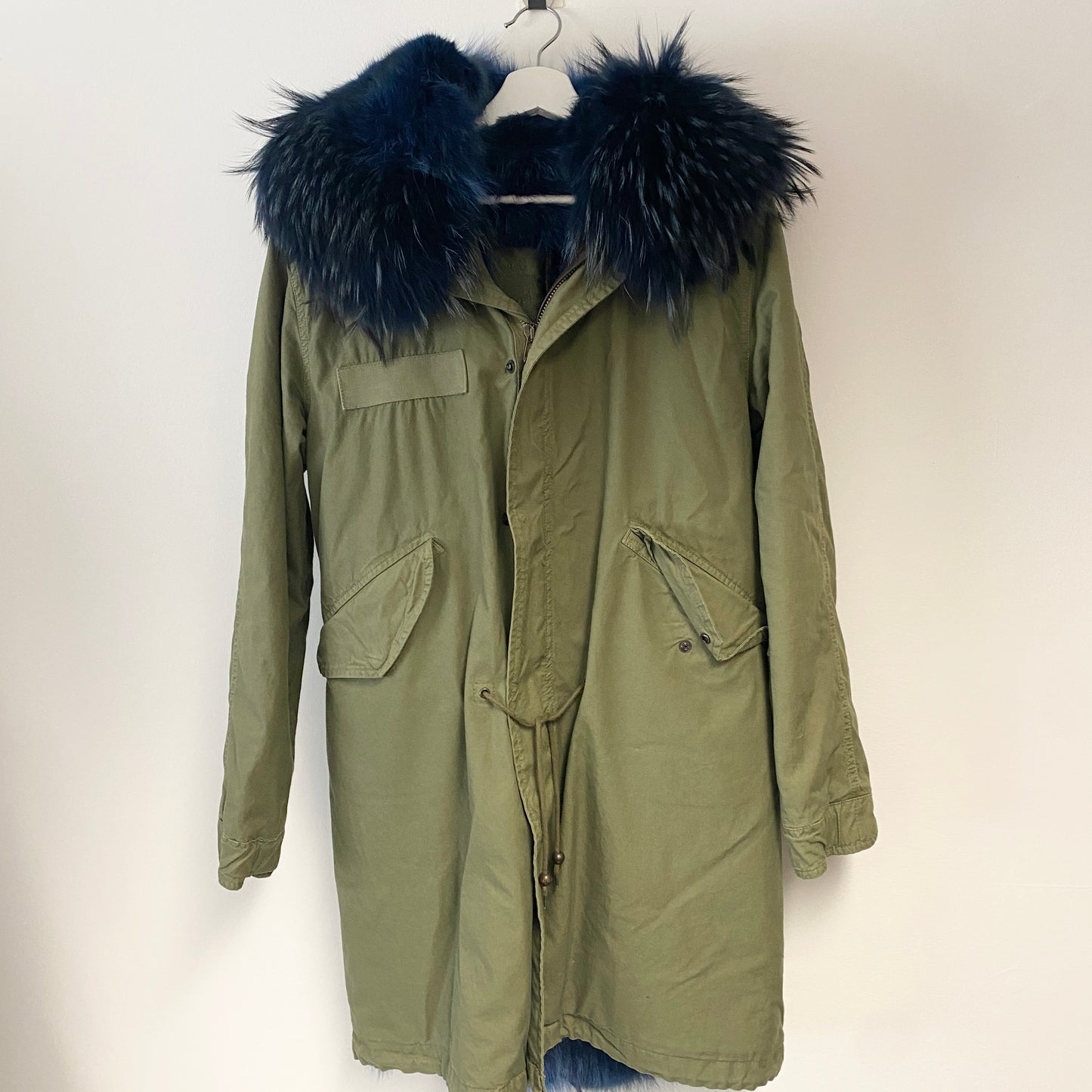 Mr&Mrs Italy fur lined parka coat Green khaki with Coyote fur interior. size XS