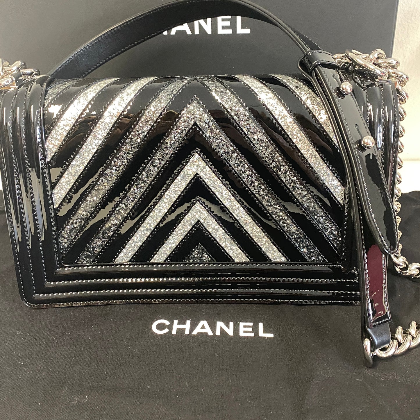 Chanel black patent leather glitter chevron boy bag