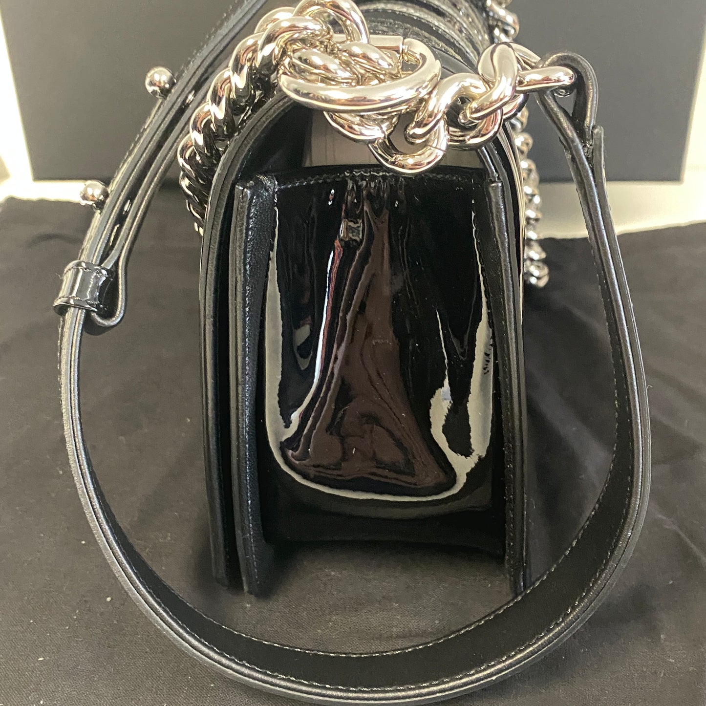 Chanel black patent leather glitter chevron boy bag