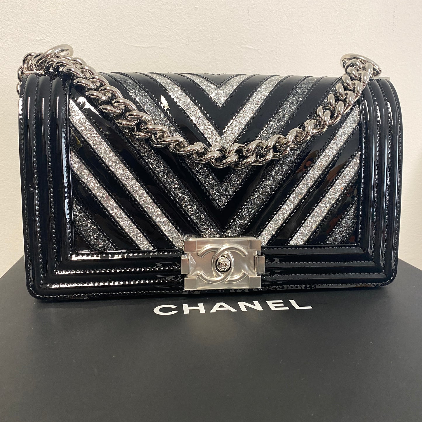 Chanel black patent leather glitter chevron boy bag