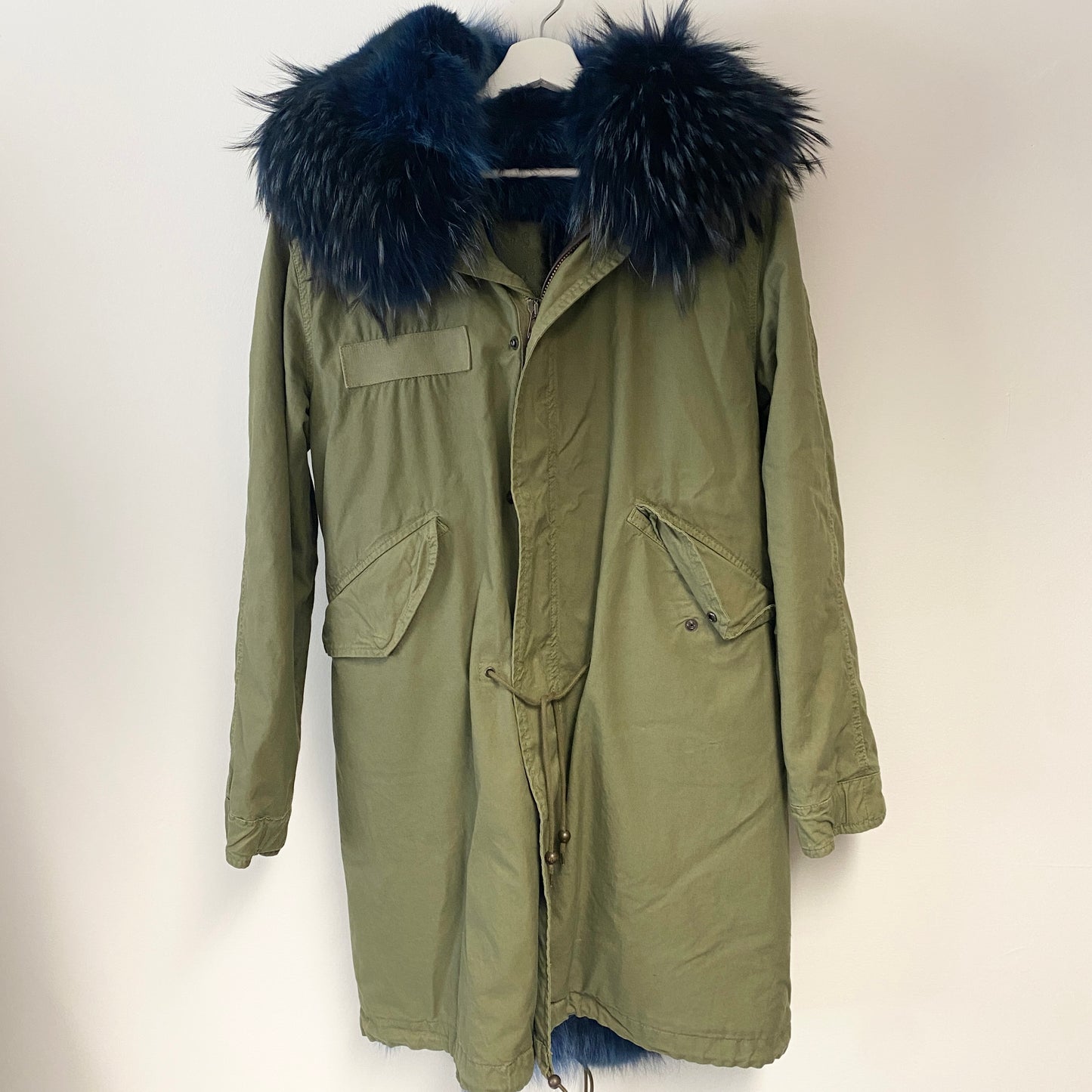 Mr&Mrs Italy fur lined parka coat Green khaki with Coyote fur interior. size XS