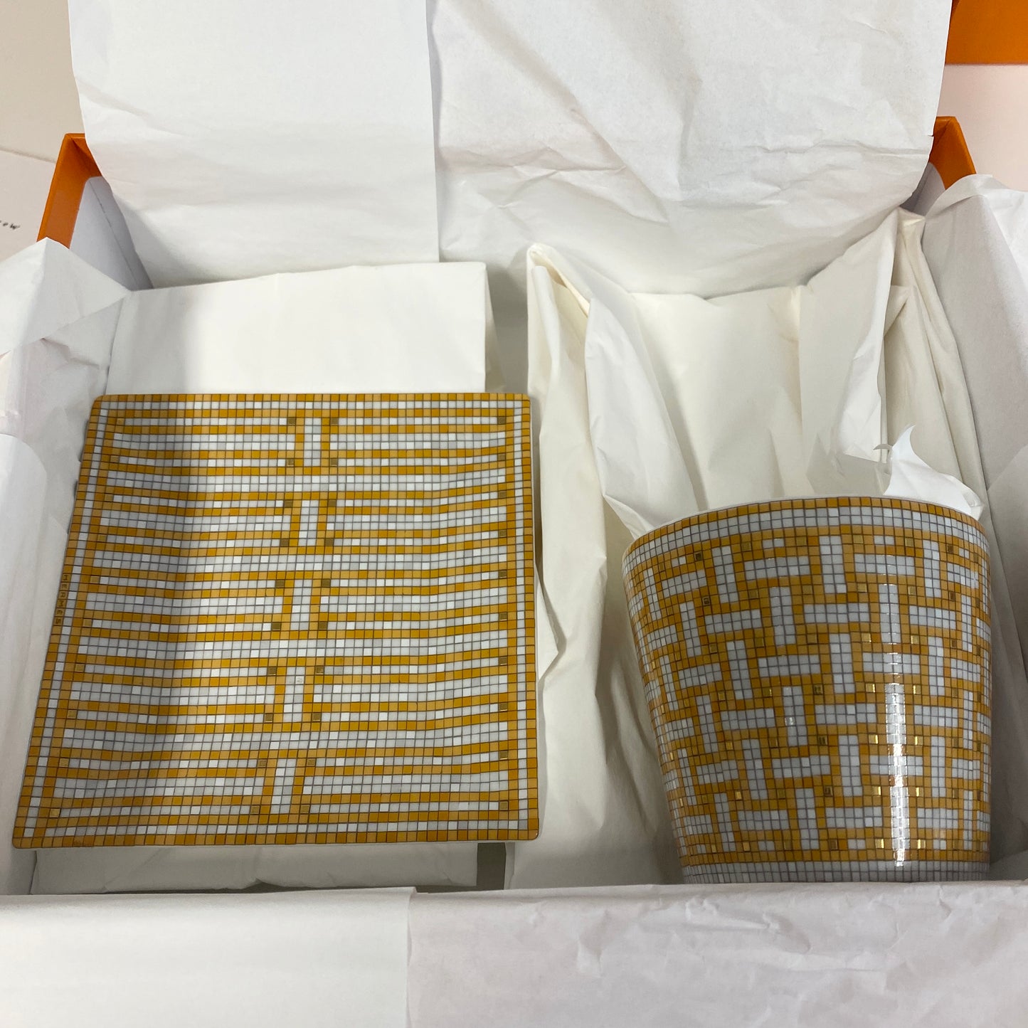 Hermes au 24 mosaic candle holder and plate. Boxed