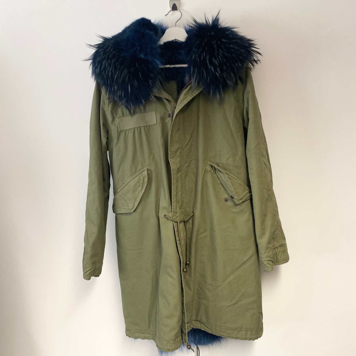 Mr&Mrs Italy fur lined parka coat Green khaki with Coyote fur interior. size XS