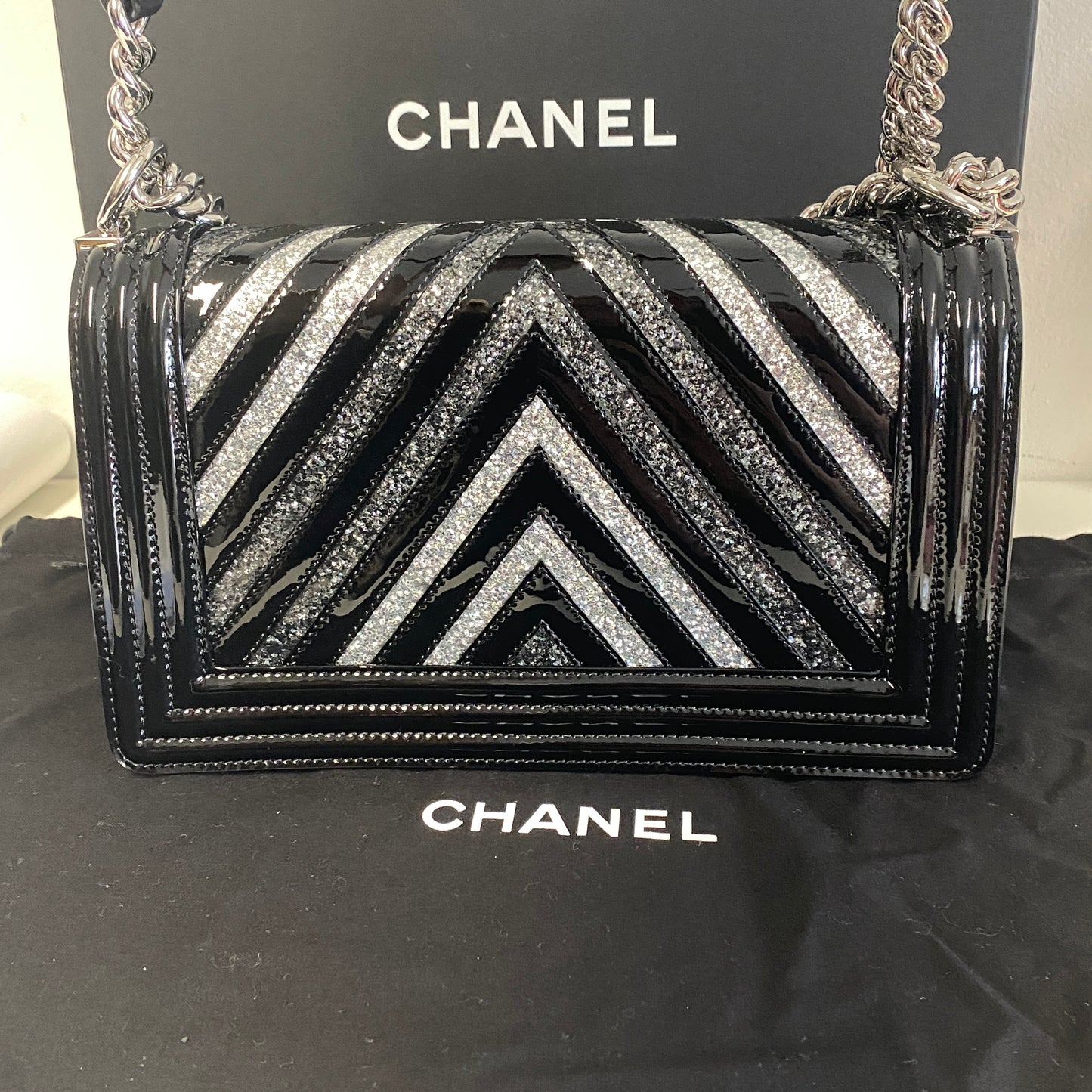 Chanel black patent leather glitter chevron boy bag