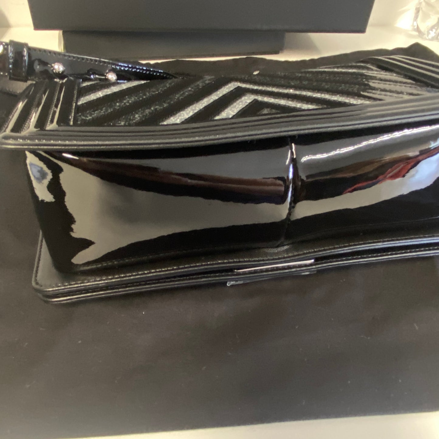 Chanel black patent leather glitter chevron boy bag