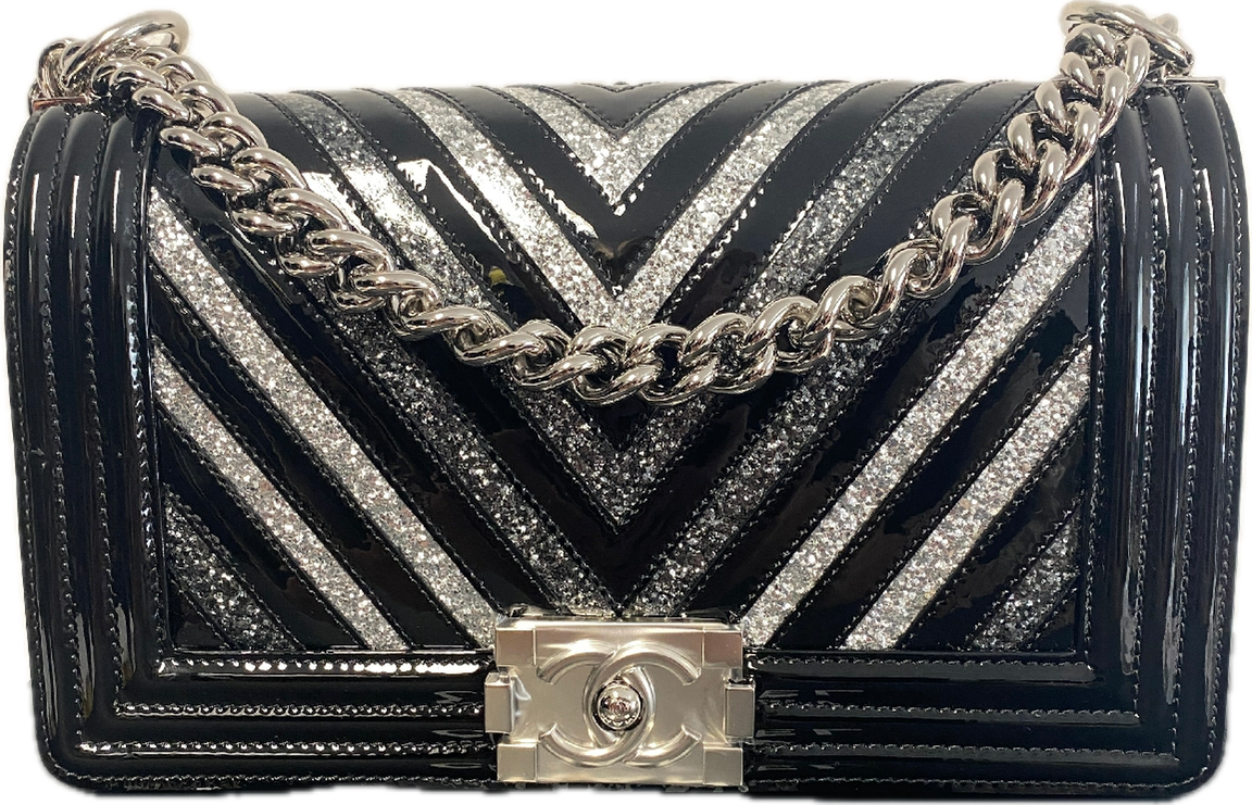 Chanel black patent leather glitter chevron boy bag