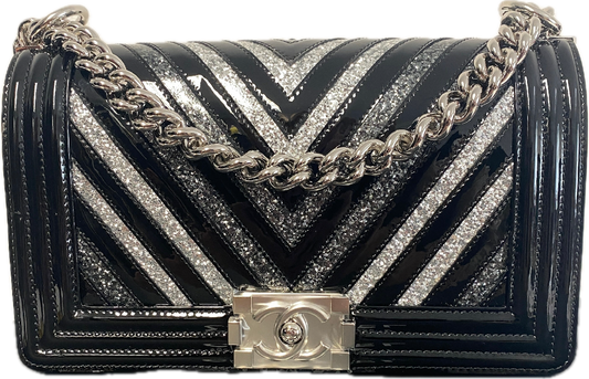 Chanel black patent leather glitter chevron boy bag