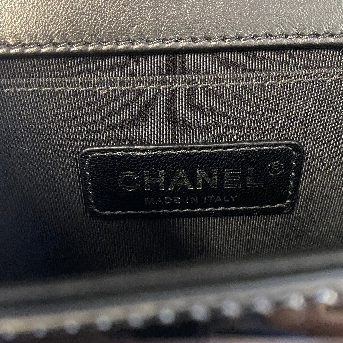 Chanel black patent leather glitter chevron boy bag