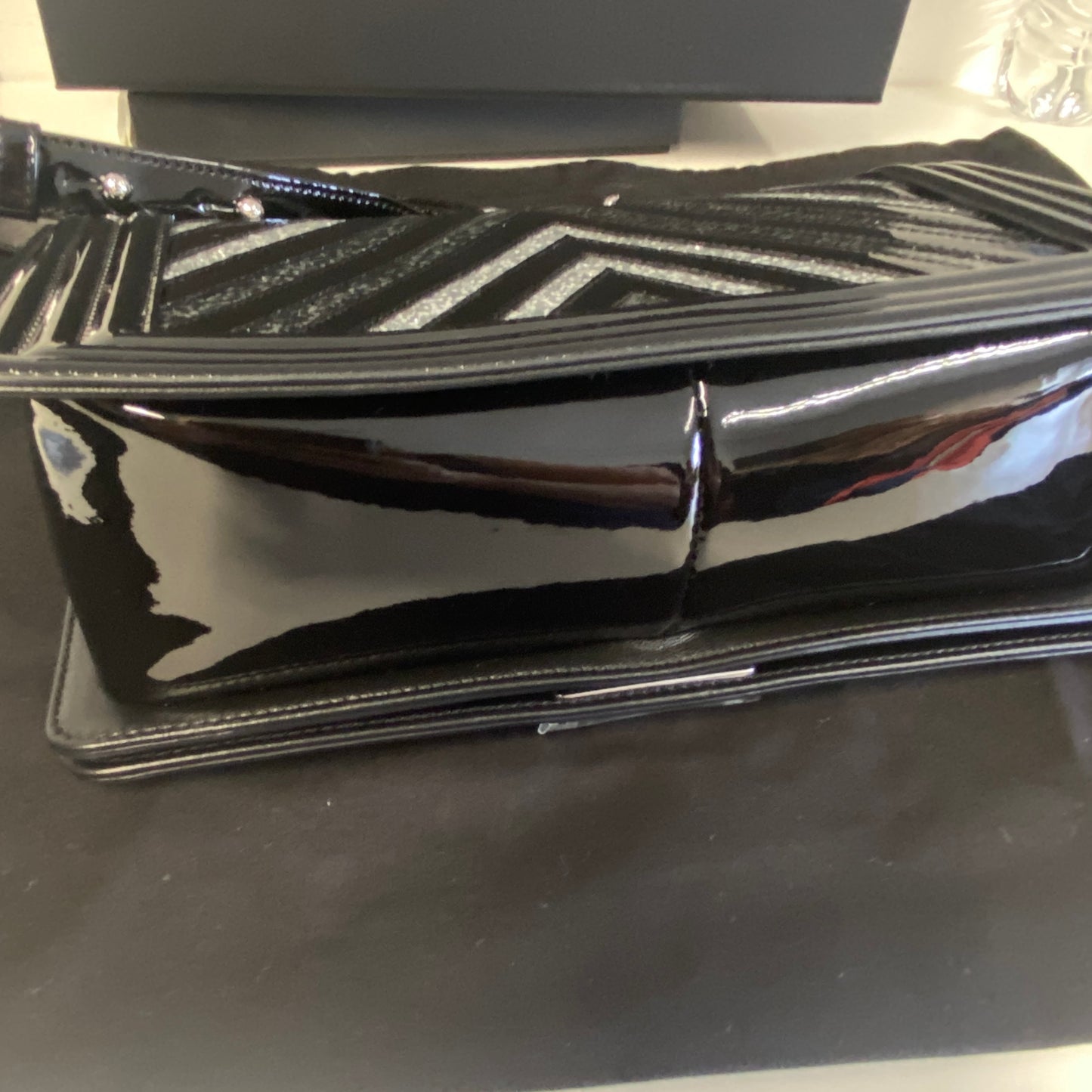 Chanel black patent leather glitter chevron boy bag