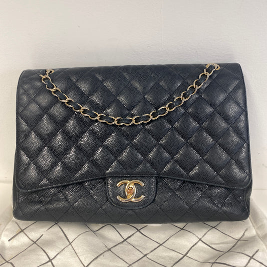 chanel black leather maxi jumbo double flap bag