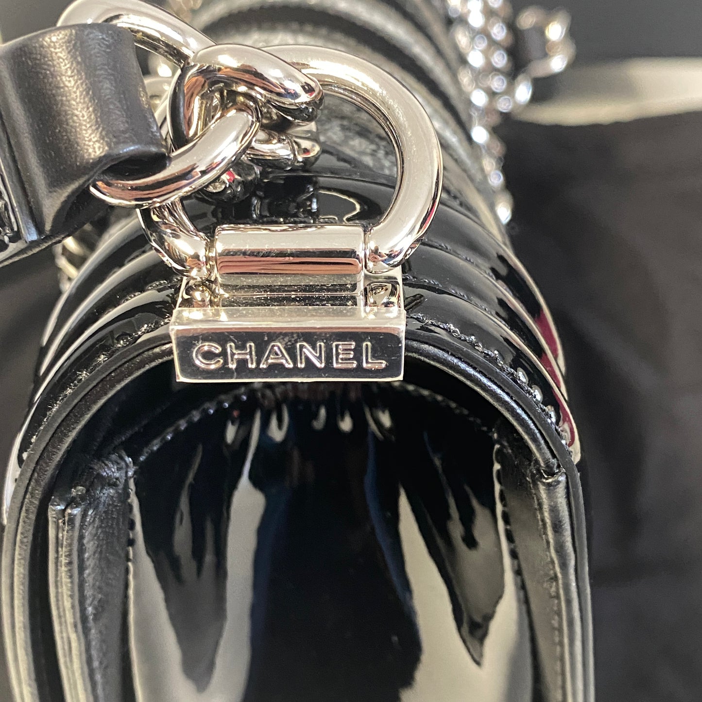 Chanel black patent leather glitter chevron boy bag