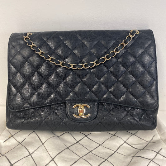 chanel black leather maxi jumbo double flap bag