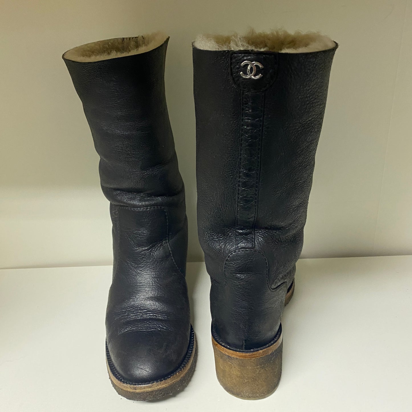 Chanel black leather CC boots size 36