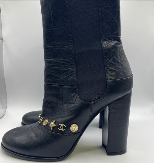 chanel black leather lucky charms ankle boots size 5 38