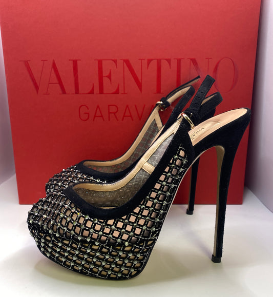 Valentino Crystal Mesh Lattice Slingback platform heels size 37 4
