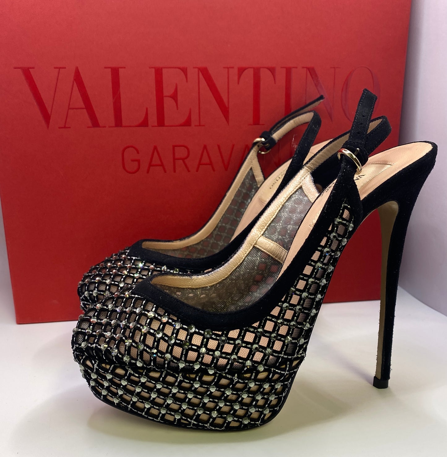 Valentino Crystal Mesh Lattice Slingback platform heels size 37 4