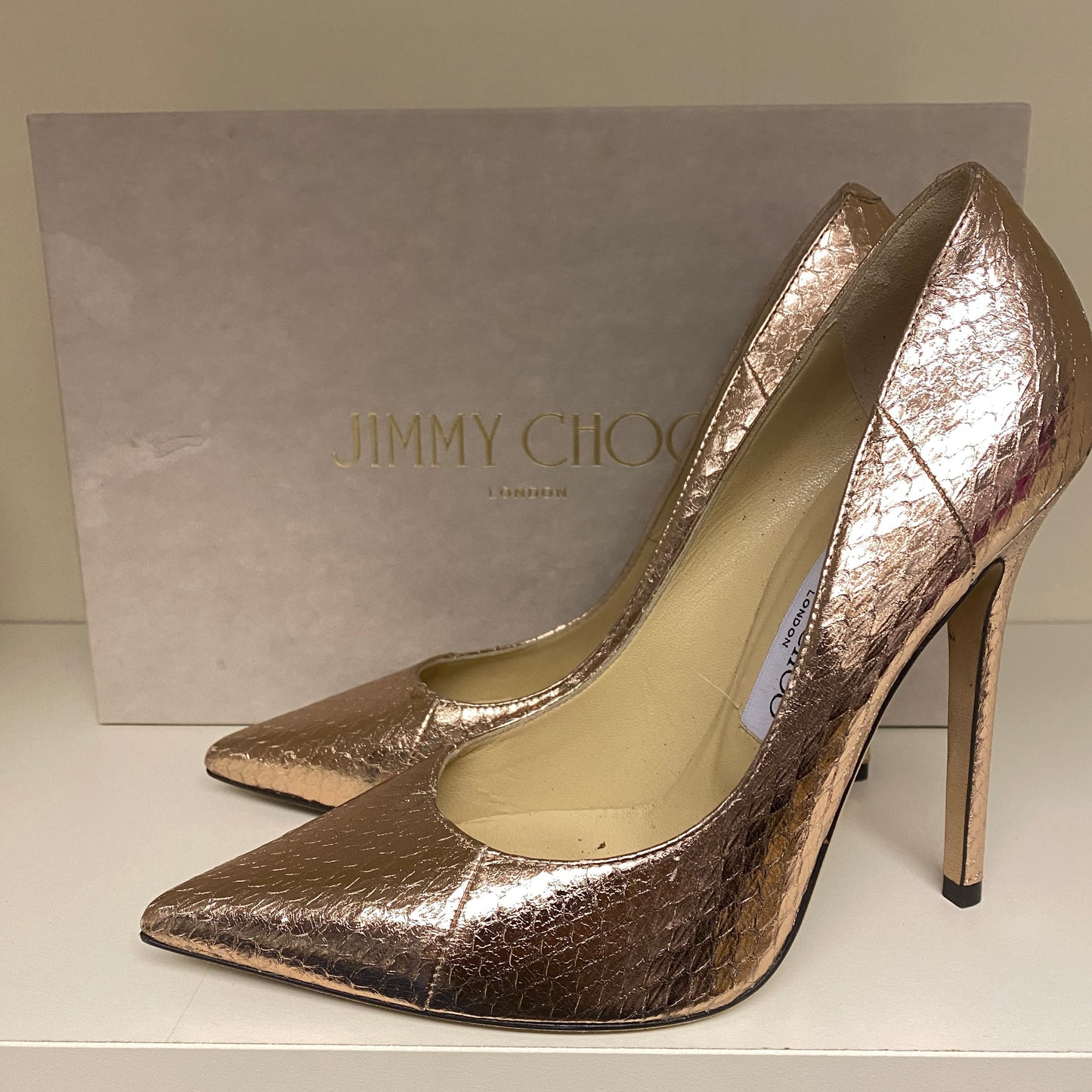 Jimmy choo gold snakeskin leather heels. Size 37.5 U.K. 4.5