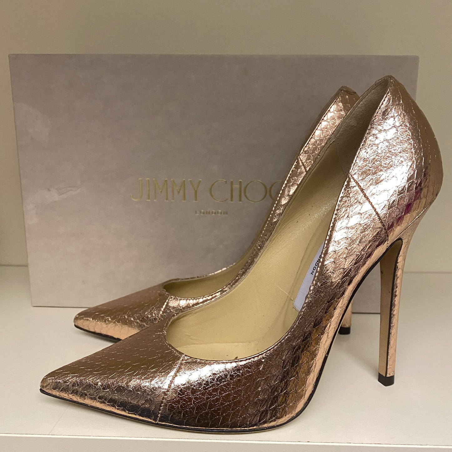 Jimmy choo gold snakeskin leather heels. Size 37.5 U.K. 4.5