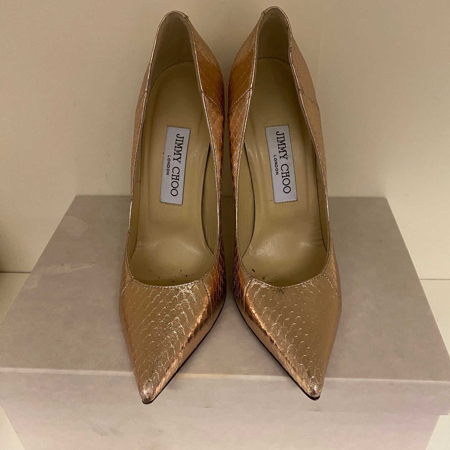 Jimmy choo gold snakeskin leather heels. Size 37.5 U.K. 4.5