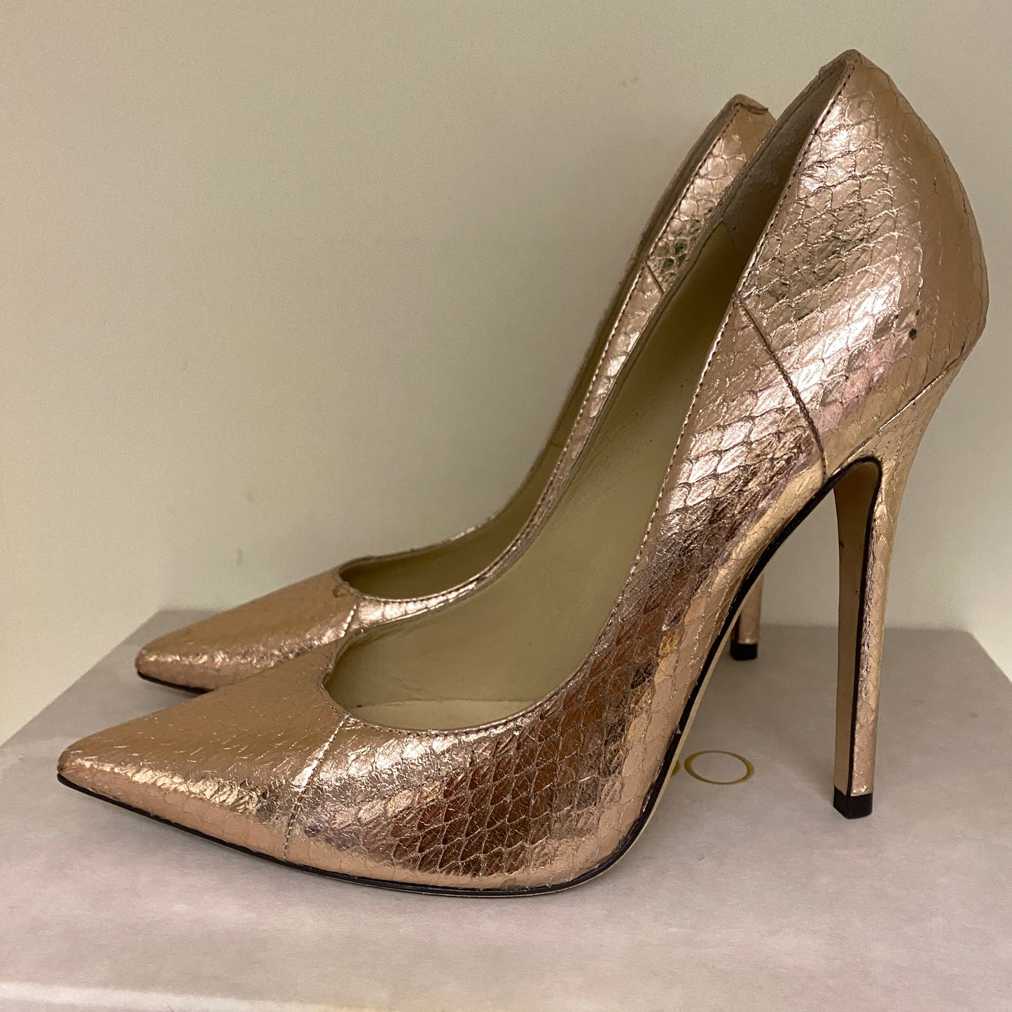Jimmy choo gold snakeskin leather heels. Size 37.5 U.K. 4.5