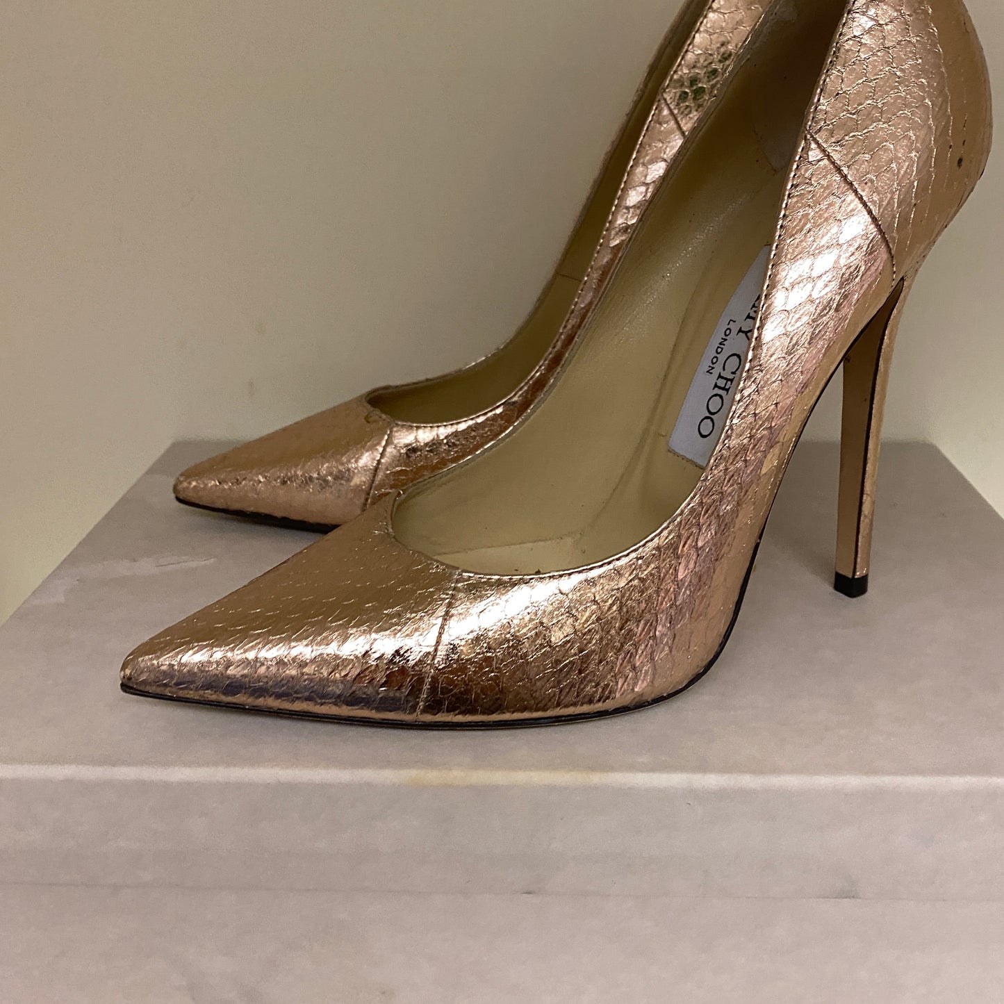 Jimmy choo gold snakeskin leather heels. Size 37.5 U.K. 4.5