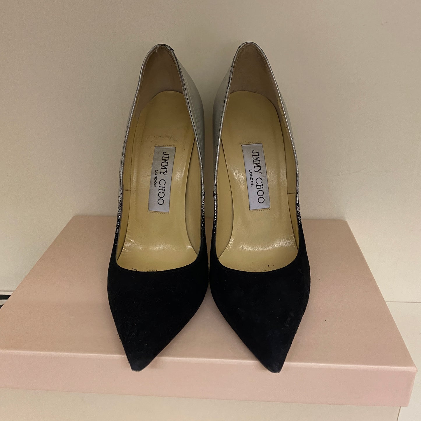 Jimmy Choo black & silver leather heels size 37.5 U.K. 4.5