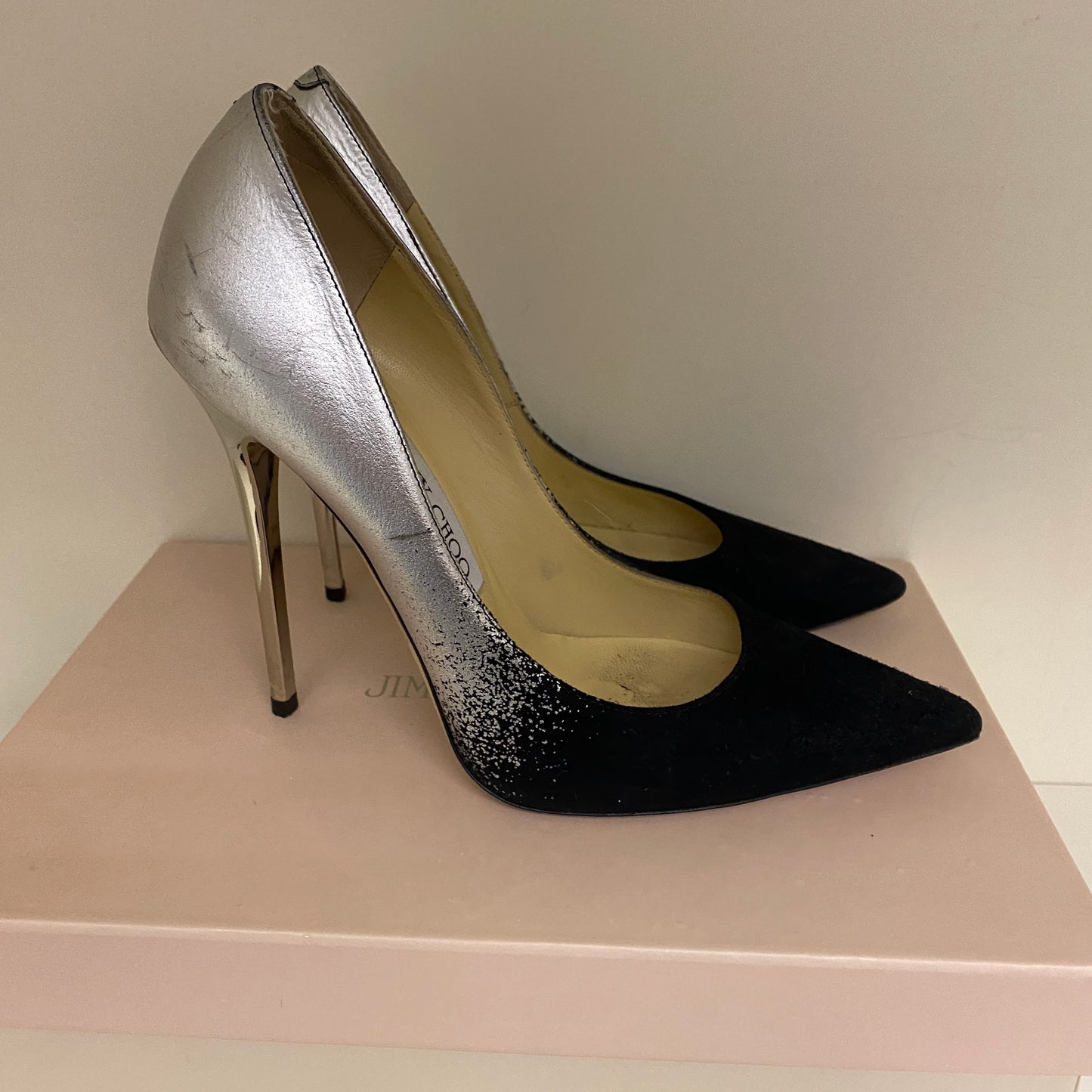 Jimmy Choo black & silver leather heels size 37.5 U.K. 4.5