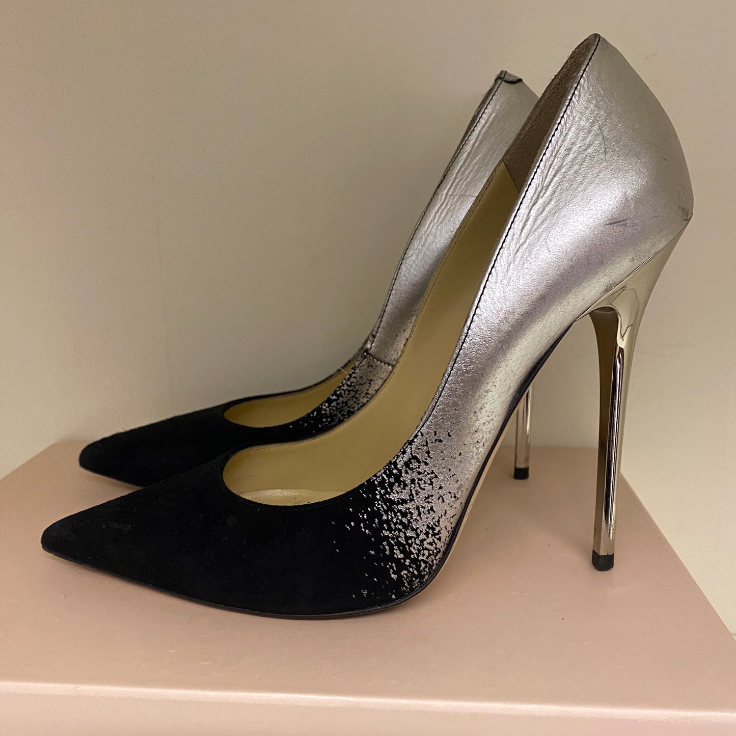 Jimmy Choo black & silver leather heels size 37.5 U.K. 4.5