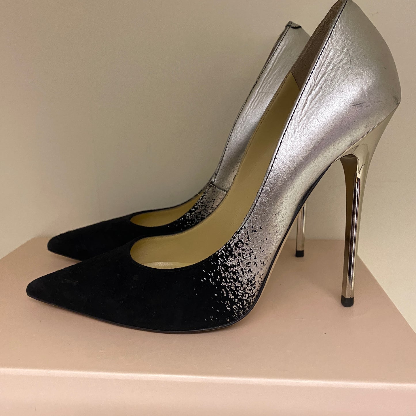 Jimmy Choo black & silver leather heels size 37.5 U.K. 4.5