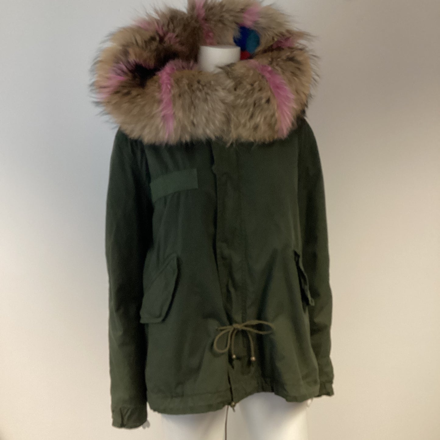 Mr&Mrs Italy fur lined parka coat Green khaki with mink fur interior. size XXS