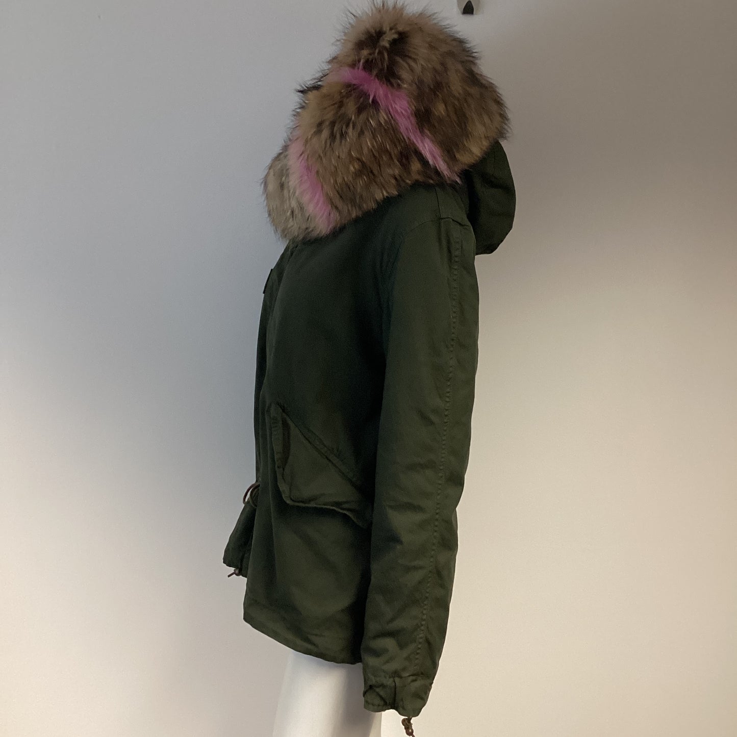 Mr&Mrs Italy fur lined parka coat Green khaki with mink fur interior. size XXS