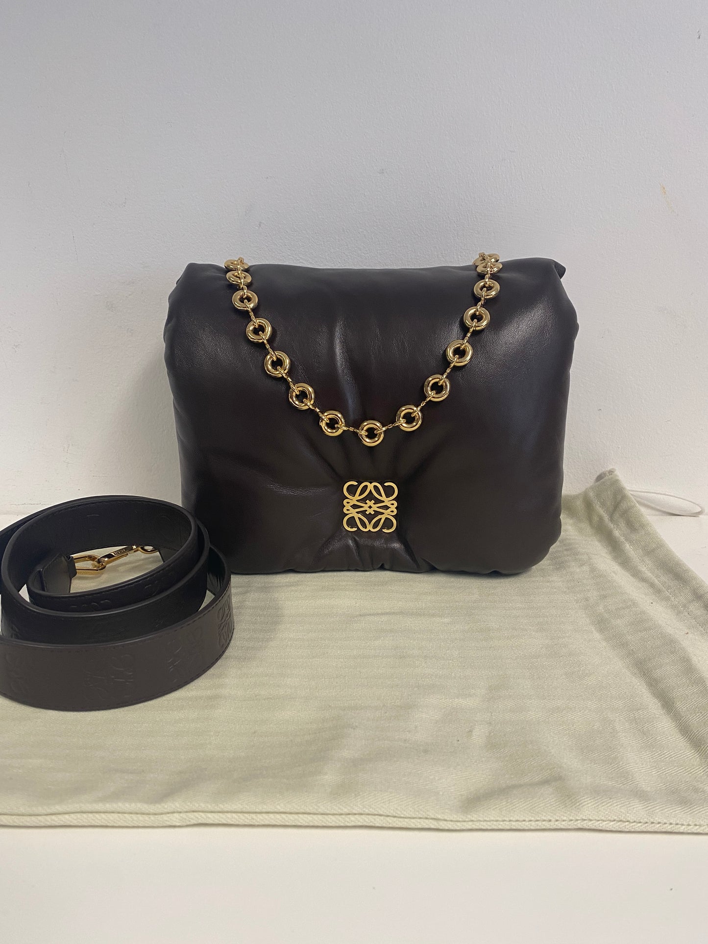 LOEWE Lambskin Goya Puffer Bag in Dark Chocolate.