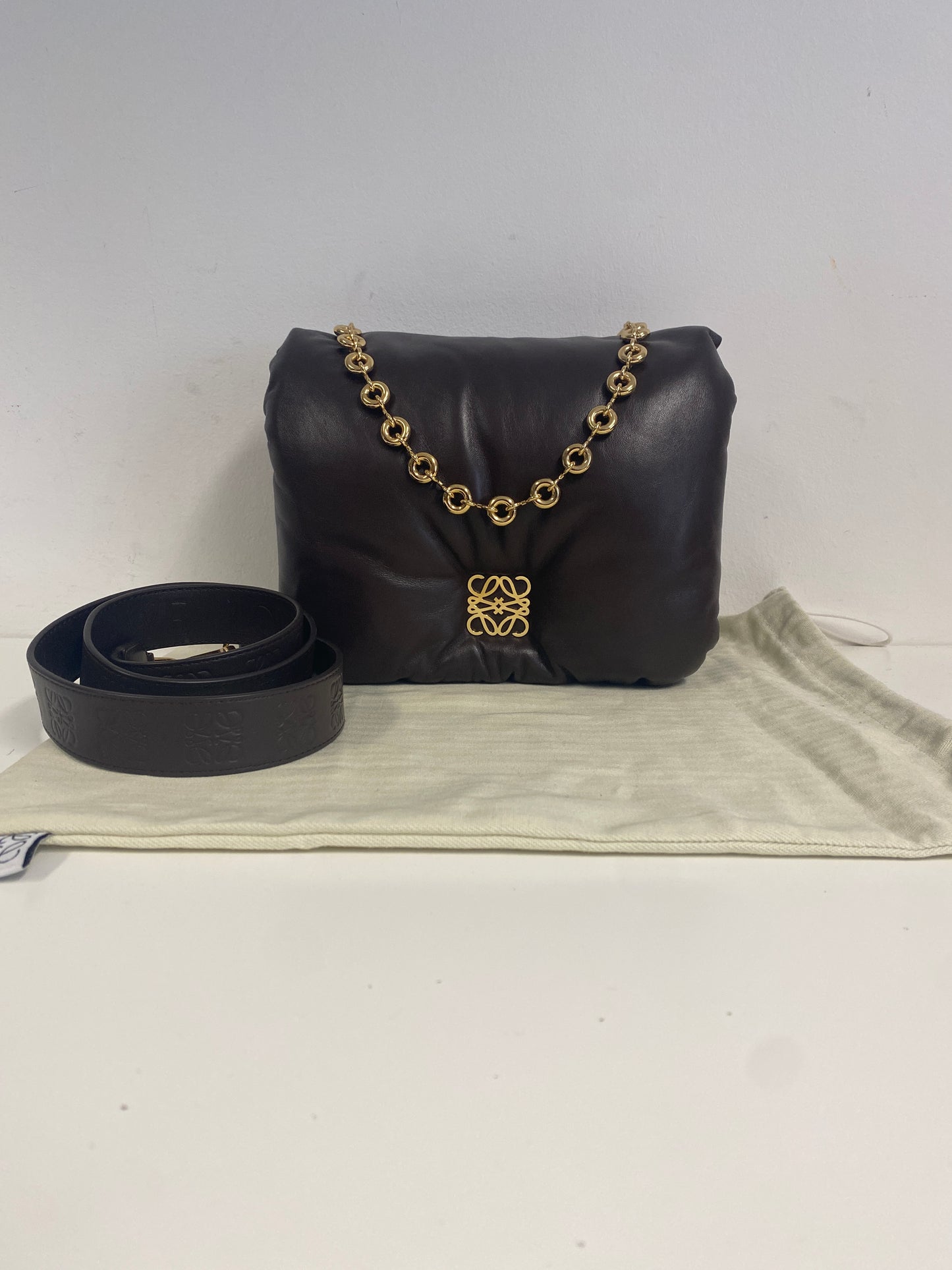 LOEWE Lambskin Goya Puffer Bag in Dark Chocolate.