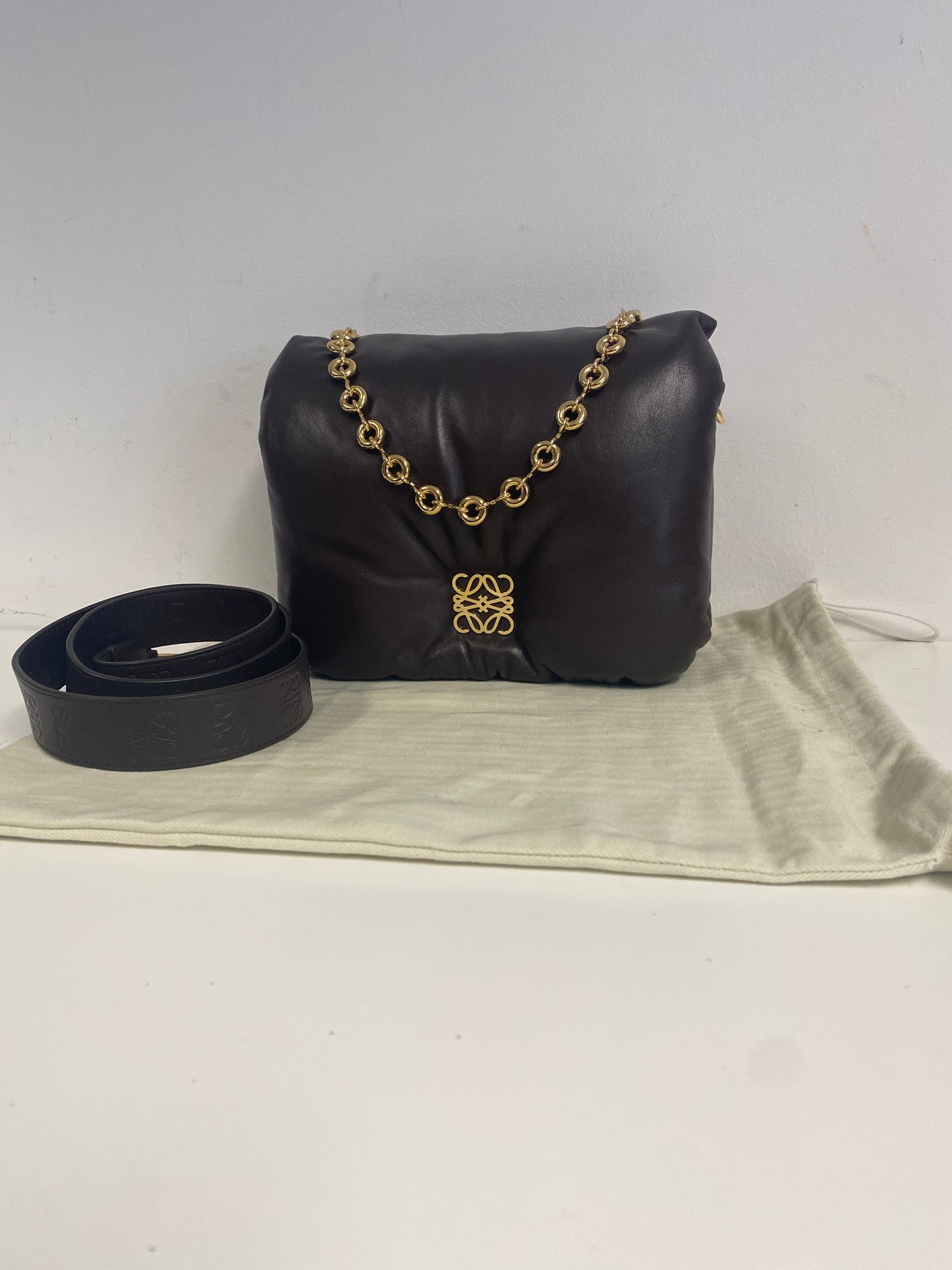 LOEWE Lambskin Goya Puffer Bag in Dark Chocolate.