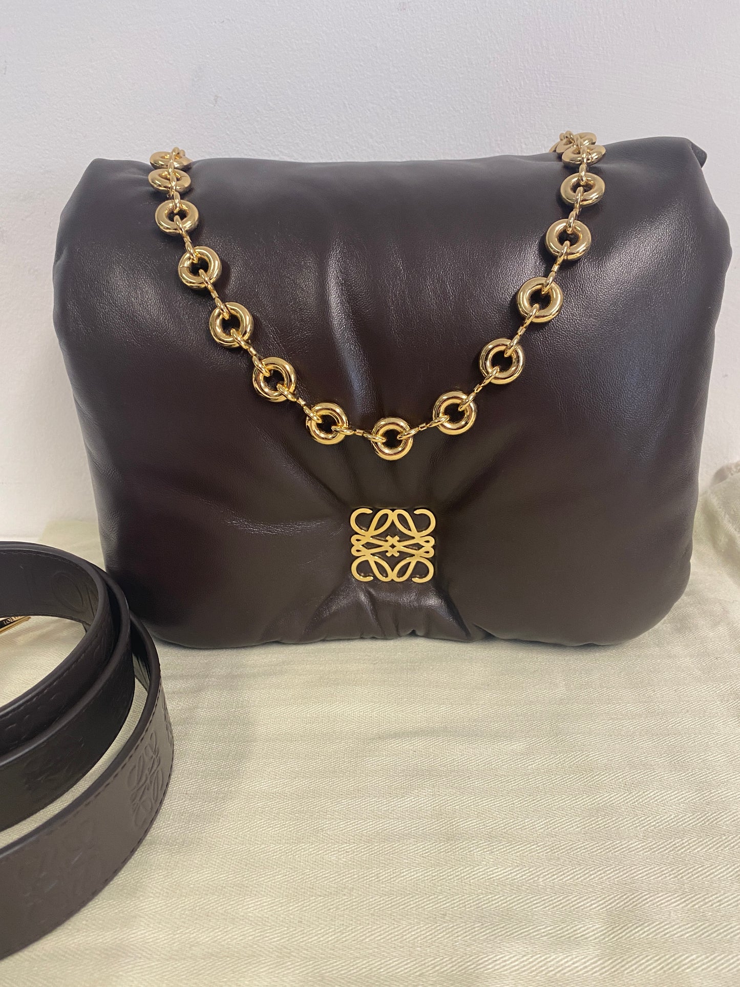 LOEWE Lambskin Goya Puffer Bag in Dark Chocolate.