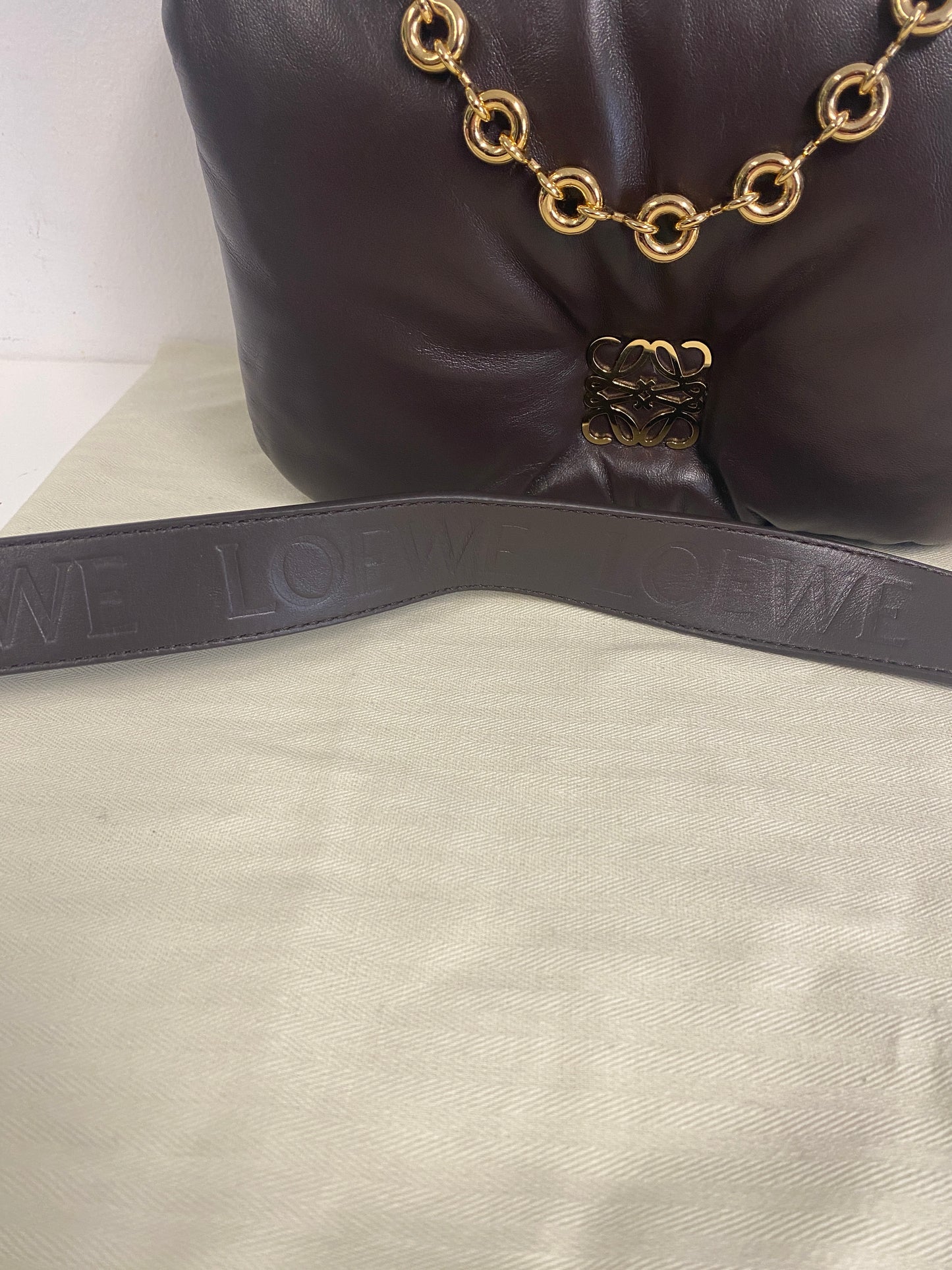 LOEWE Lambskin Goya Puffer Bag in Dark Chocolate.