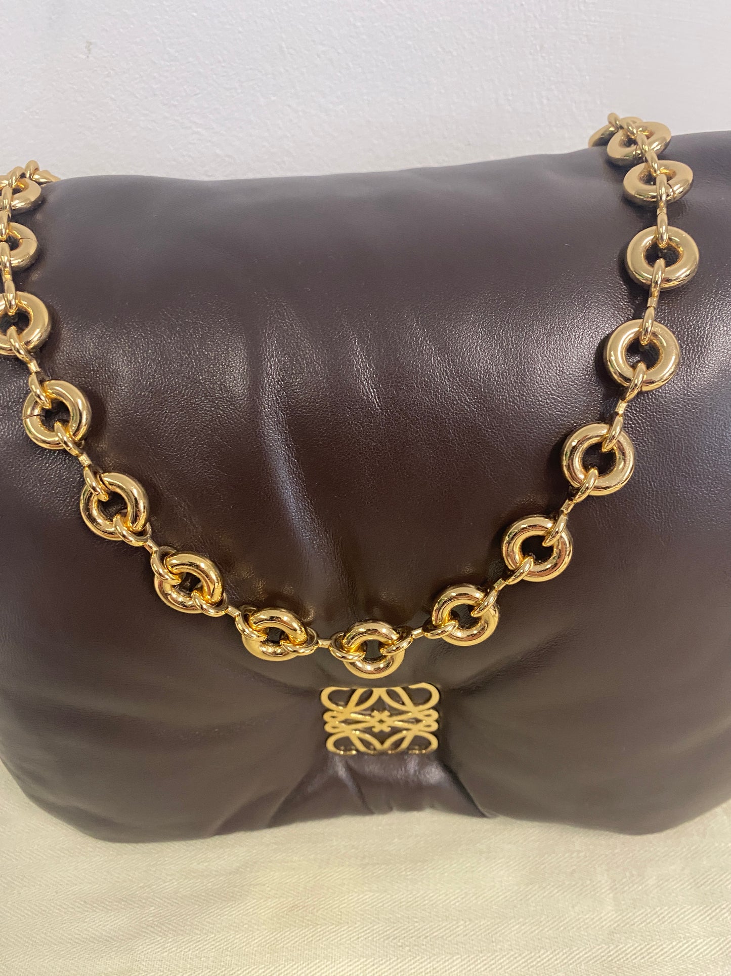 LOEWE Lambskin Goya Puffer Bag in Dark Chocolate.