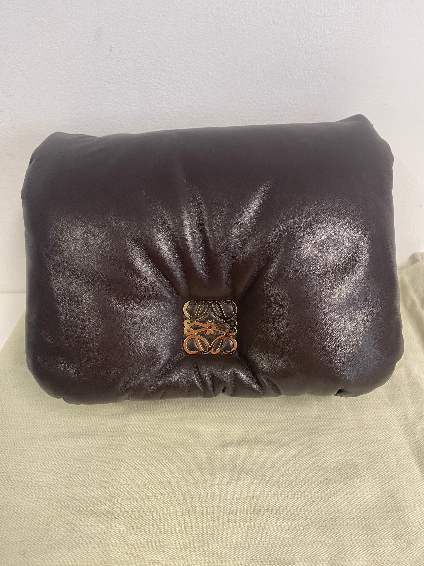 LOEWE Lambskin Goya Puffer Bag in Dark Chocolate.