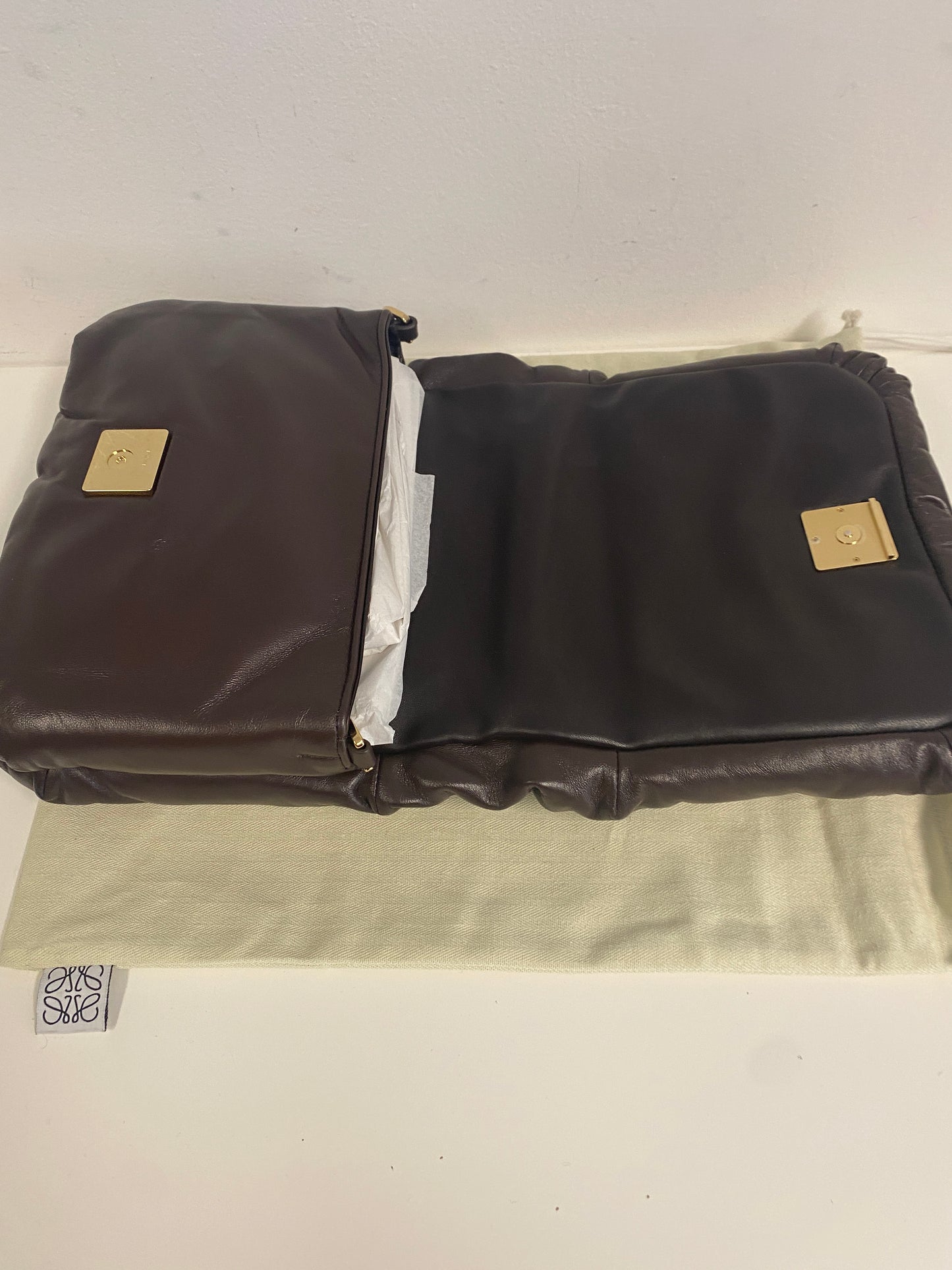 LOEWE Lambskin Goya Puffer Bag in Dark Chocolate.