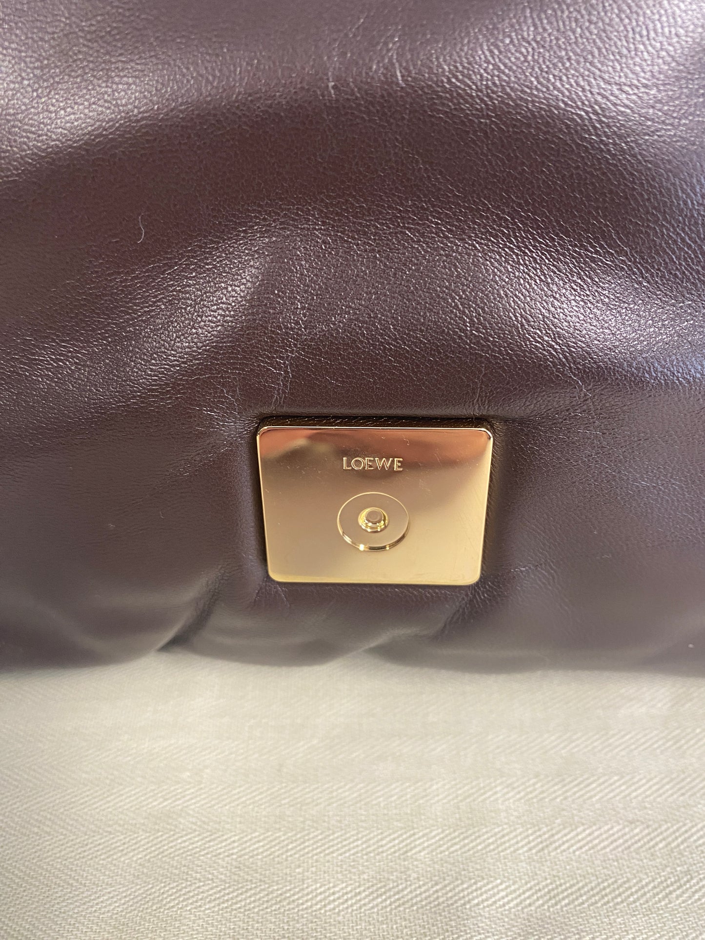 LOEWE Lambskin Goya Puffer Bag in Dark Chocolate.