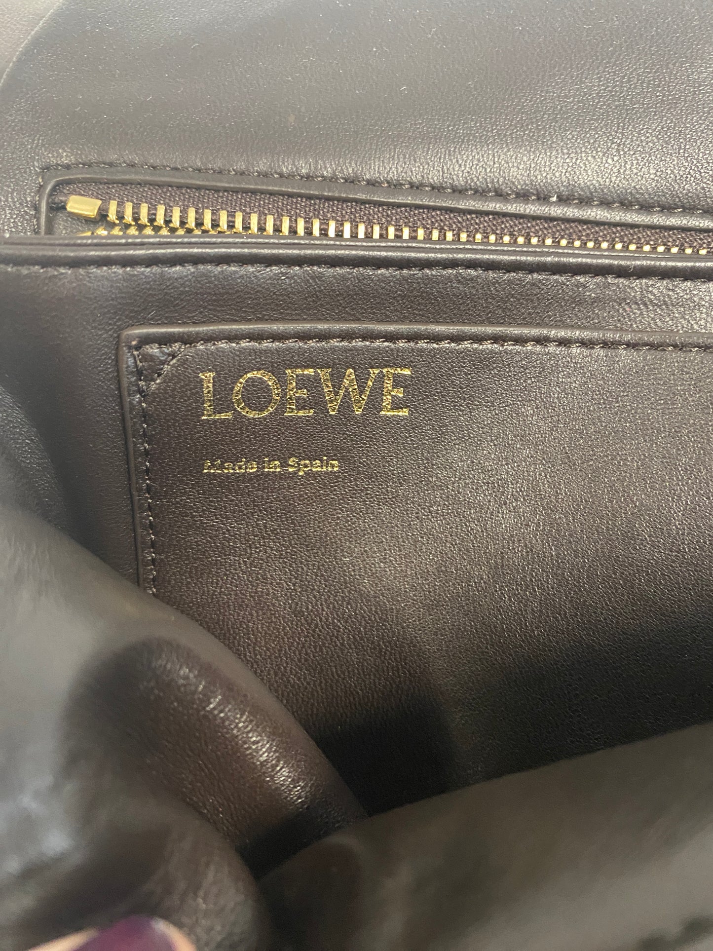LOEWE Lambskin Goya Puffer Bag in Dark Chocolate.