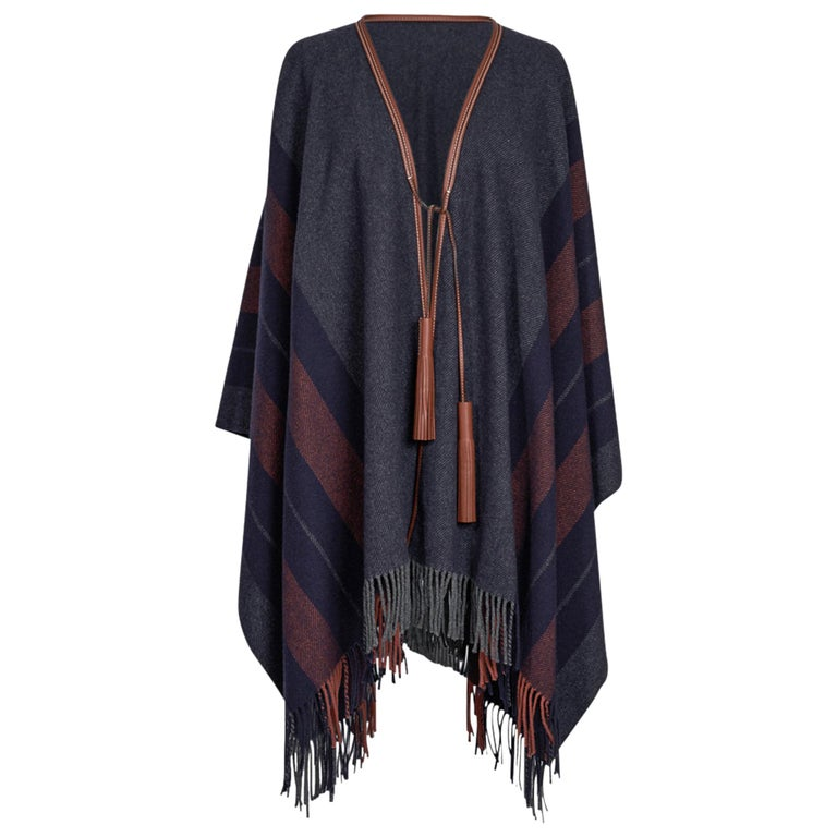 HERMES BLUE ROCABAR WOOL & CASHMERE LEATHER TRIM PONCHO