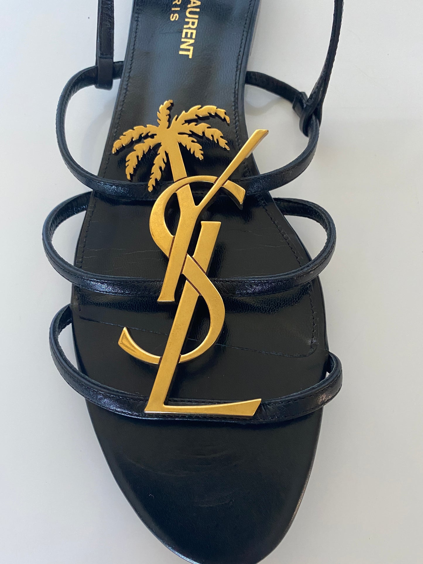 YSL palm monogram black leather sandals size 39.5 6.5