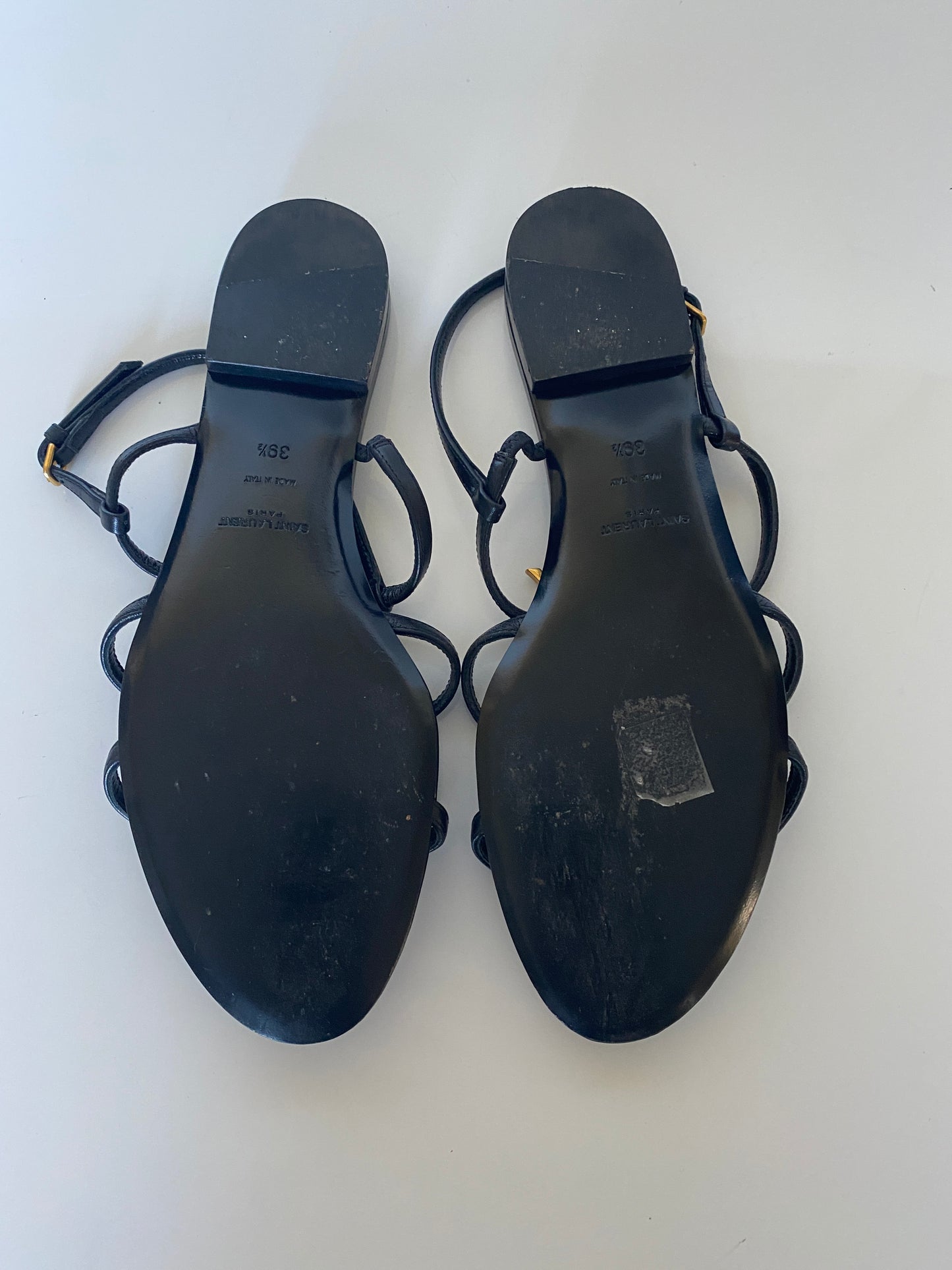 YSL palm monogram black leather sandals size 39.5 6.5